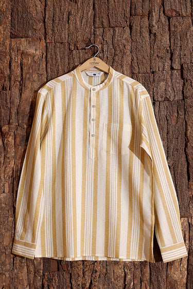 Mustard Stripes Cotton Linen Men Short Kurta Full Sleeves MSKFS253C10