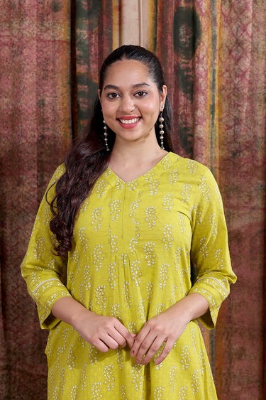 Bright Mustard Sanganeri Cotton Dobby Women Long Kurta Long Sleeves WLKLS253C65