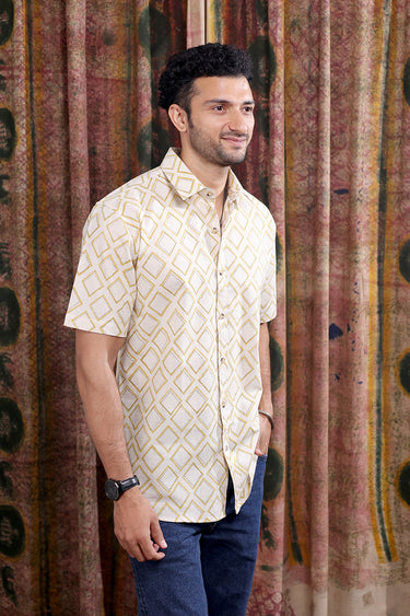 Mustard Sanganeri Cotton Linen Men Shirt Half Sleeves MSHHS252C52