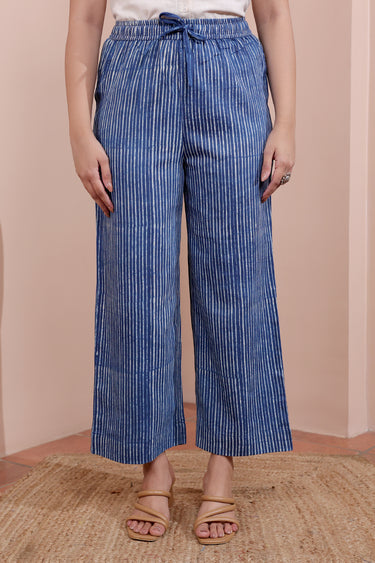 Indigo Dhabu Cotton Satin Women Flared Pant WFLPT252C76