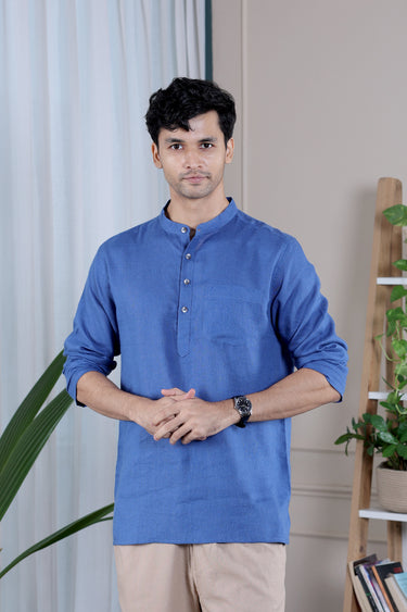 Denim Blue Dyed Lyocell Linen Men Short Kurta