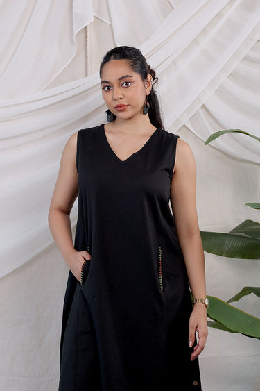 Black Dyed Cotton Flax Women Midi Dress