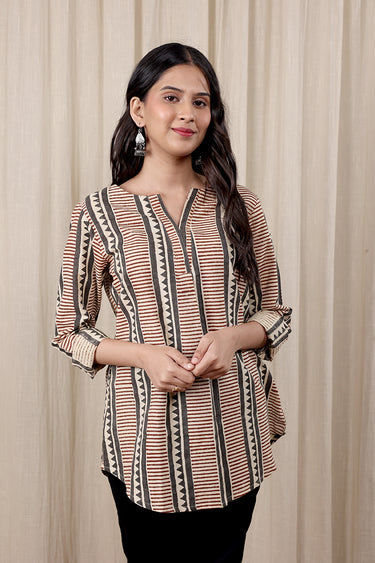 Grey Bagru Cotton Flax Women Kurti Long Sleeves WKILS252C14