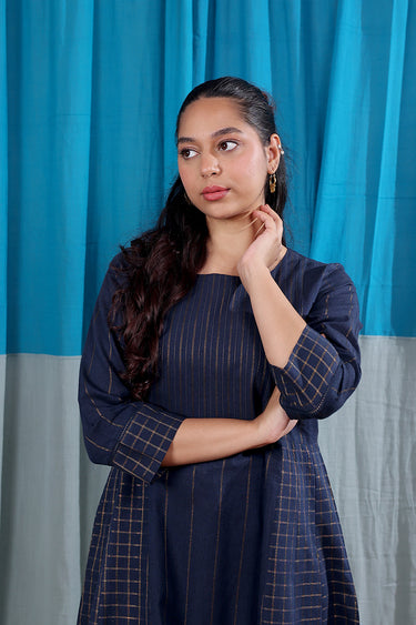 Prussian Blue Thick Stripes Zari South Cotton Women Long Kurta Long Sleeves WLKLS253C69