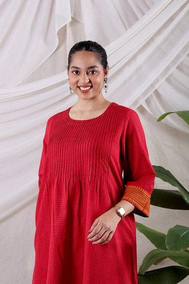 Deep Red Temple Border South Cotton Women Long Kurta