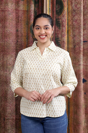 Pastel Yellow Sanganeri Cotton Linen Women Short Top Long Sleeves WSTLS253C4