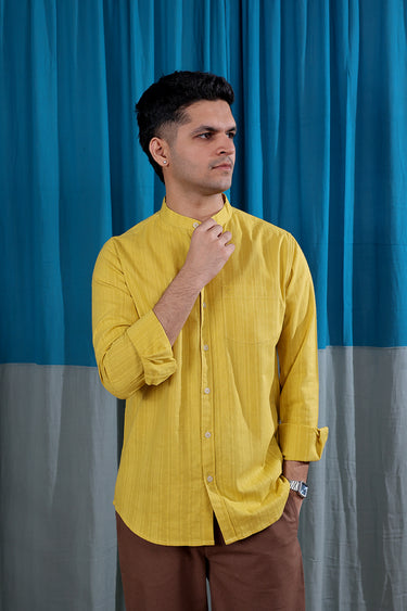 Mustard Yellow Dobby Stripes Natural Cotton Linen Men Shirt Full Sleeves MSHFS12253