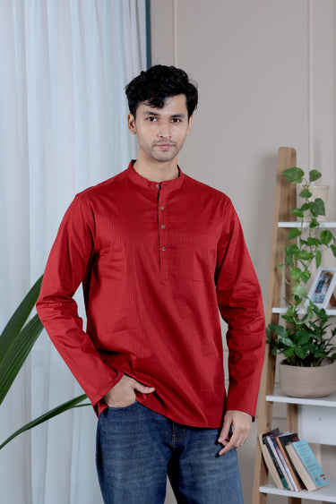 Deep Red Dyed Cotton Misdent Men Short Kurta