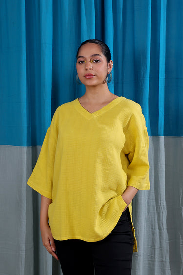 Sunshine Yellow Dyed Cotton Double Cloth Women Kurti