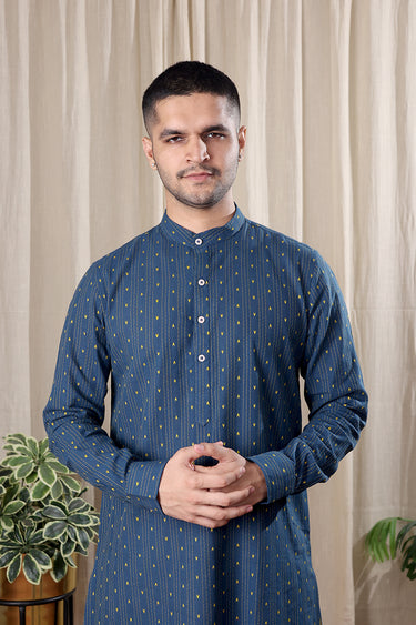 Dark Blue Dobby Stripes South Cotton Men Long Kurta Full Sleeves MLKFS251C6