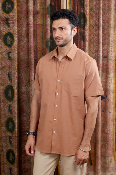 Cool Brown Hand Dyed Cotton Linen Men Shirt Half Sleeves MSHHS252C50