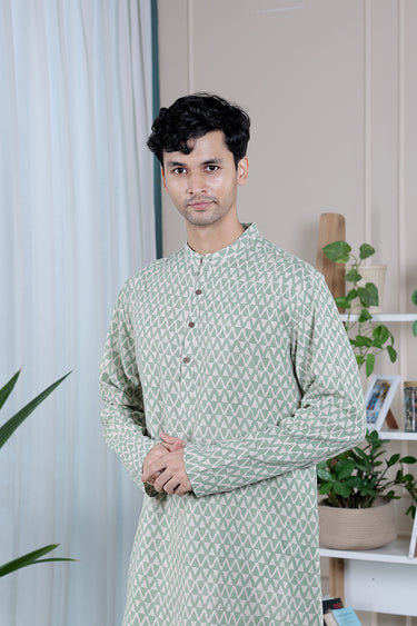 Green Sanganeri Classic Cotton Linen Men Long Kurta