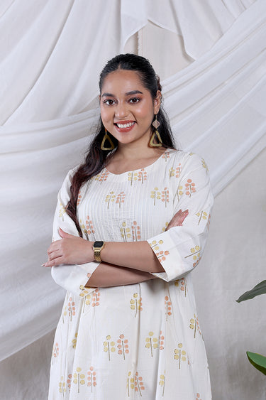 Peach Yellow Sanganeri Cotton Dobby Women Long Kurta