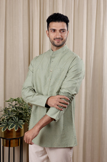 Sage Green Sanganeri Fine Cotton Men Short Kurta Full Sleeves MSKFS252C31