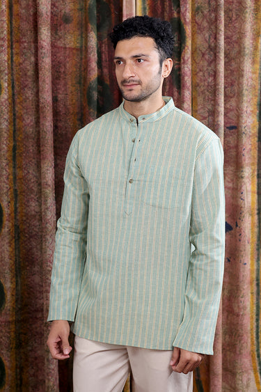 Pastel Green Stripes Cotton Linen Men Short Kurta Full Sleeves MSKFS253C5