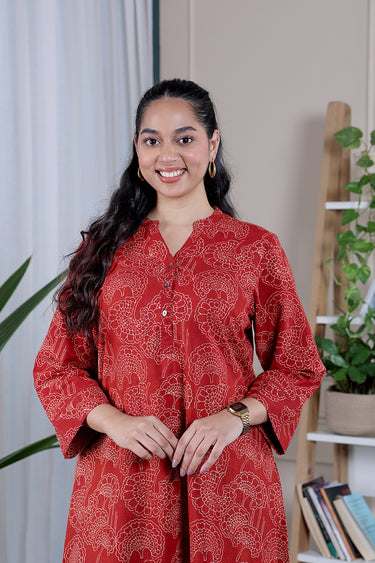 Rust Ajrakh Cotton Women Long Kurta