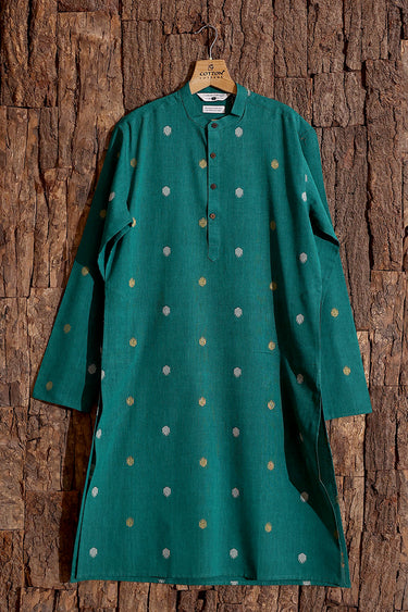 Teal Green Zari Buti South Cotton Men Long Kurta Full Sleeves MLKFS253C63