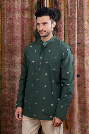Forest Green Dobby Buti South Cotton Men Short Kurta Full Sleeves MSKFS252C79