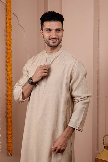 Beige Mukaish Work Silk Viscose Slub Men Long Kurta Full Sleeves MLKFS252C40