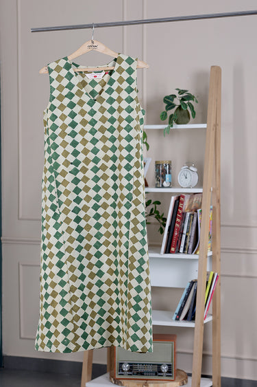 Green Brown Bagru Lite Cotton Flax Women Midi Dress