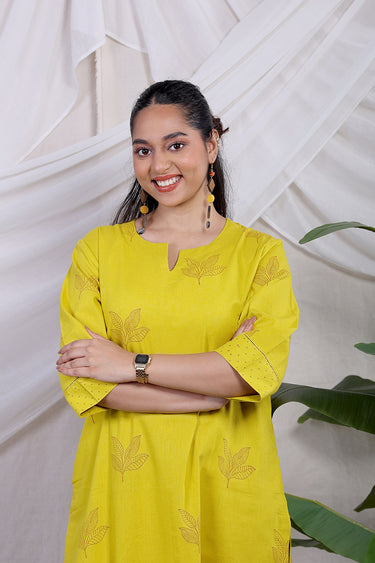 Gold Yellow Sanganeri Natural Cotton Linen Women Long Kurta