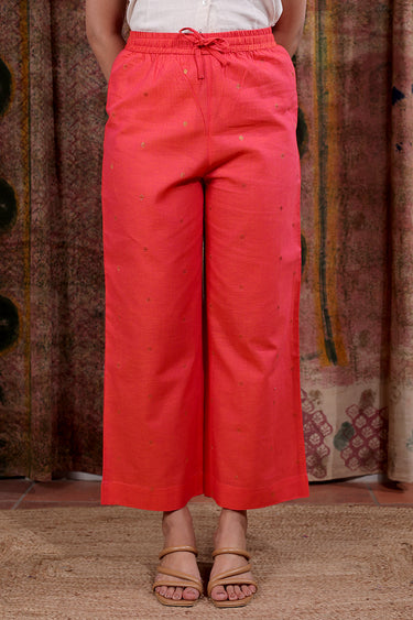 Light Coral Zari Buti South Cotton Women Flared Pant
