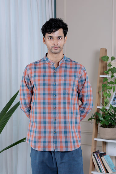 Orange Teal Checks South Cotton Men Shirt