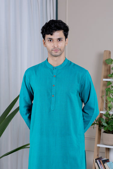 Teal Green Checks South Cotton Men Long Kurta
