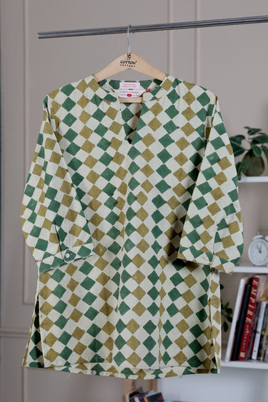 Green Brown Bagru Lite Cotton Flax Women Kurti