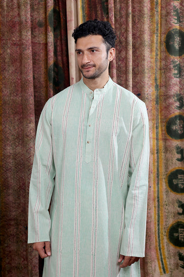 Mint Green Sanganeri Cotton Linen Men Long Kurta Full Sleeves MLKFS253C22