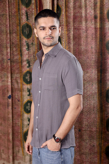 Steel Grey Hand Dyed Cotton Double Cloth Men Shirt Half Sleeves MSHHS251C24