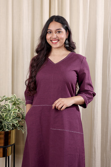 Purple Prune Hand Dyed Cotton Linen Women Midi Dress Long Sleeves WDRLS252C19