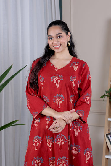 Rust Ajrakh Cotton Women Long Kurta