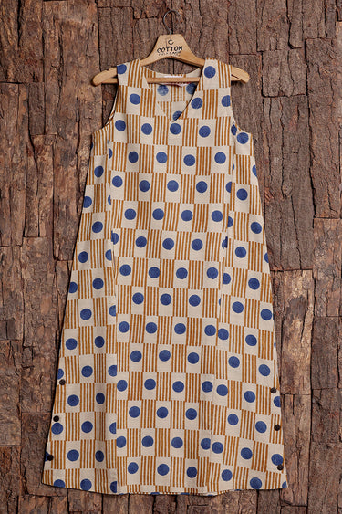 Blue Brown Bagru Cotton Slub Women Midi Dress