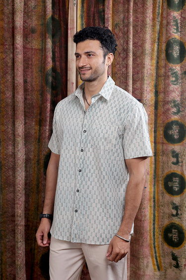 Green Sanganeri Cotton Linen Men Shirt Half Sleeves MSHHS253C2