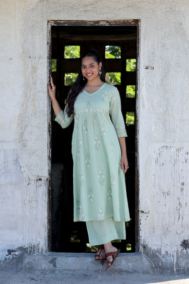 Pista Green Dyed Cotton Dobby Women Flared Pant