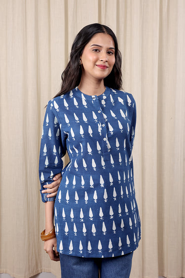 Indigo Dhabu Cotton Slub Women Kurti Long Sleeves WKILS252C18
