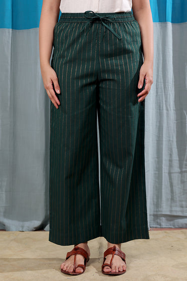 Forest Green Stripes Zari South Cotton Women Flared Pant