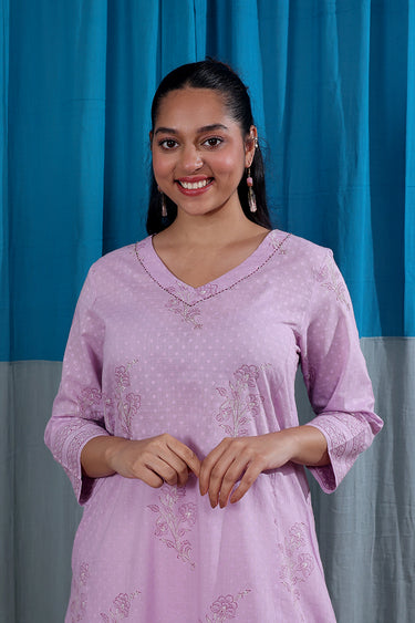 Lilac Sanganeri Cotton Dobby Women Long Kurta Long Sleeves WLKLS253C94