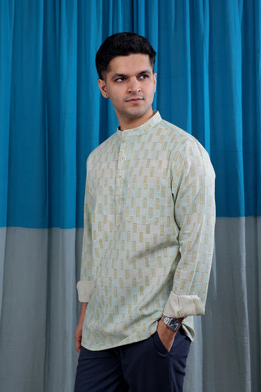 Sea Green Sanganeri Natural Cotton Linen Men Short Kurta