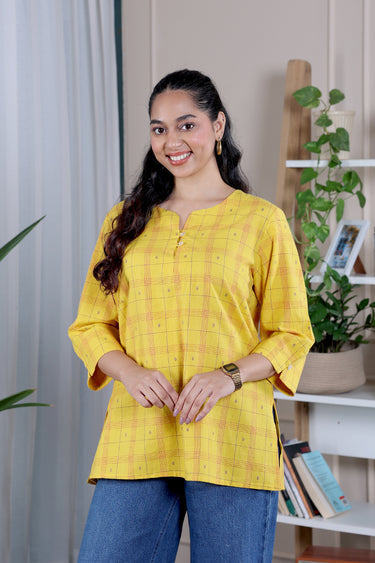 Yellow Checks Dobby South Cotton Women Kurti