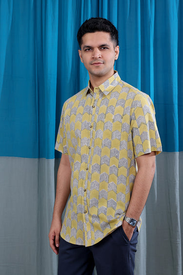 Mustard Sanganeri Natural Cotton Linen Men Shirt Half Sleeves MSHHS122515