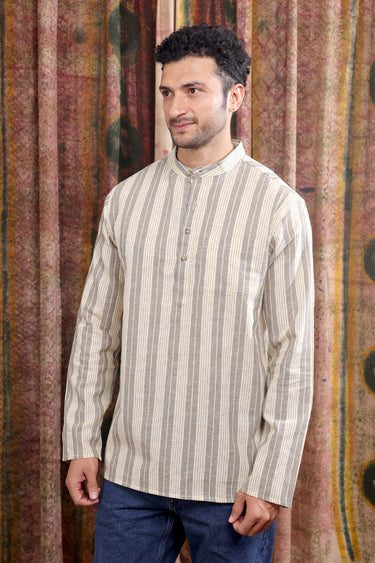 Grey Stripes Cotton Linen Men Short Kurta Full Sleeves MSKFS253C4