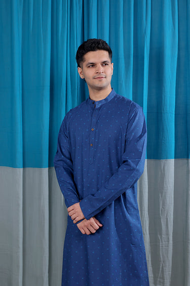 Indigo Sanganeri Natural Cotton Linen Men Long Kurta