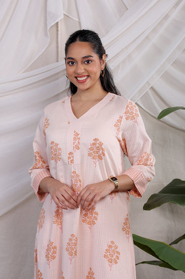 Tropical Peach Sanganeri Cotton Dobby Women Long Kurta