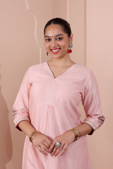 Pastel Pink Rib Stripes Chanderi Silk Women Long Kurta Long Sleeves WLKLS252C184