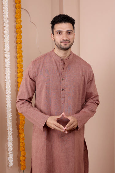 Brown Yarn Dyed Amber Cotton Men Long Kurta Full Sleeves MLKFS252C26