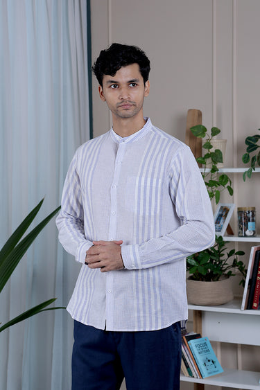 Lilac Stripes Natural Cotton Linen Men Shirt