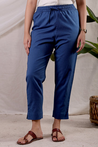 Indigo Dyed Cotton Flax Women Ankle Pant