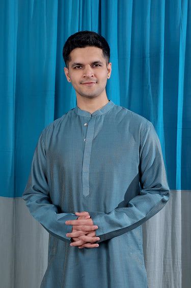 Teal Blue Stripes Zari Chanderi Silk Men Long Kurta